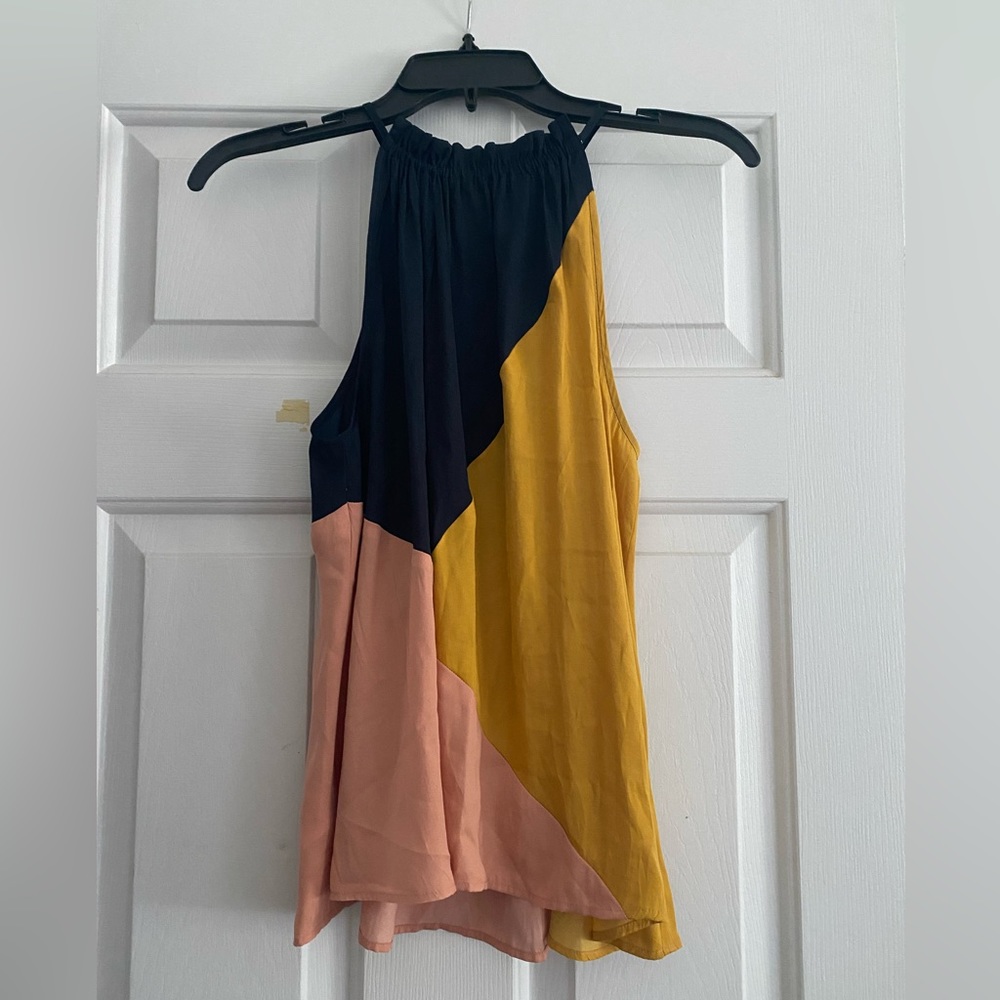 Ann Taylor Loft silk tank in navy, yellow, and peach. Size XSP